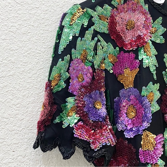 Vintage Laurence Kazar Heavily Beaded Sequin Floral Blouse Size M - Picture 12 of 16